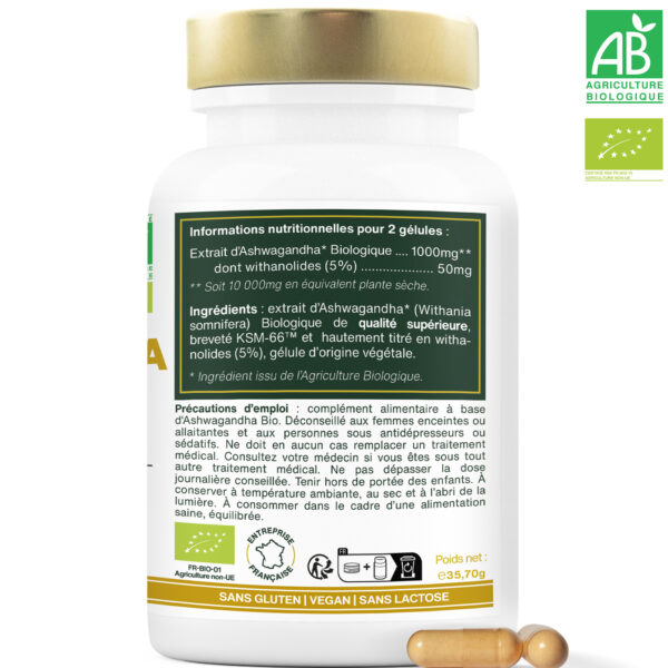 Ashwagandha KSM-66™ Bio, 5% withanolides | 60 gélules – Image 3